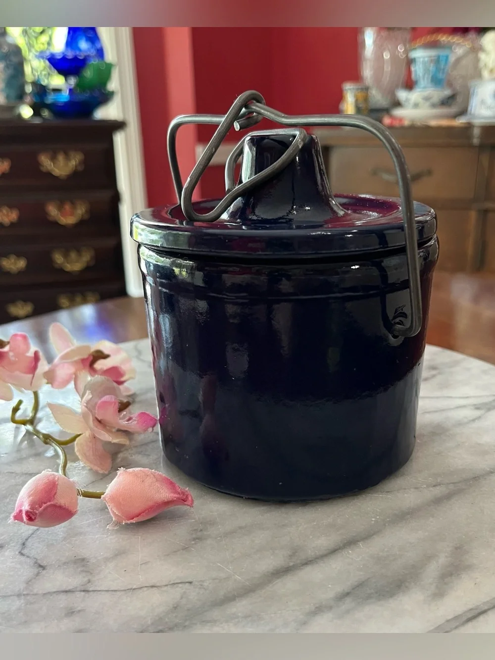 VTG Cobalt Blue Stoneware Cheese Crock w Wire Bail Lid, 1lb Med. Sz. Farmhouse